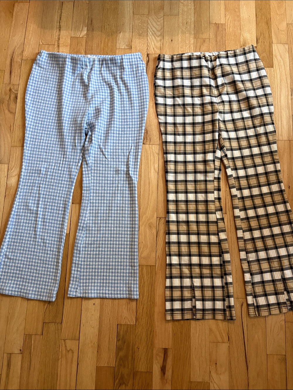 Baevely Women's Blue Gingham Knit Pants & Tan Plaid Pants